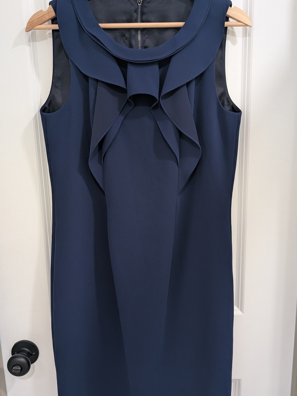 Elie Tahari Navy Ruffle-Front Sleeveless Sheath Dress